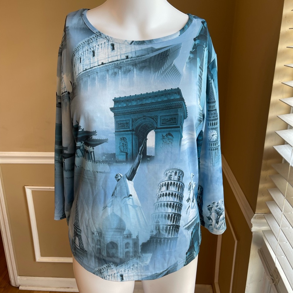 World Landmark Print Women's Blouse - Blue